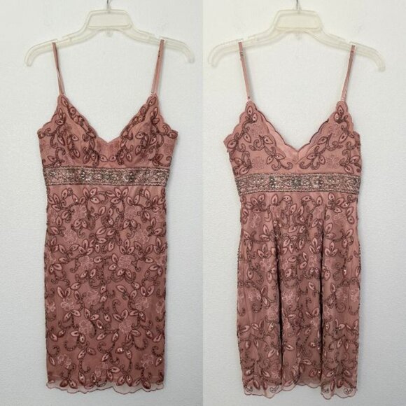 Sue Wong Nocturne Women's Beaded Mini Dress Pink Size 4 Scalloped Lined V-Neck - Picture 1 of 10